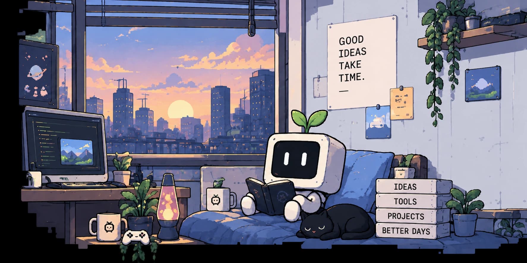 A sprout-topped computer reading beside a sleeping cat, surrounded by plants and a sunset city view. The room’s edges break into little pixels.